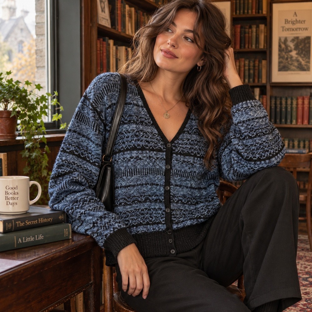 Y2K Lizwear Fair Isle Cropped Cardigan Sweater Sz L Cottage Fisherman Boho